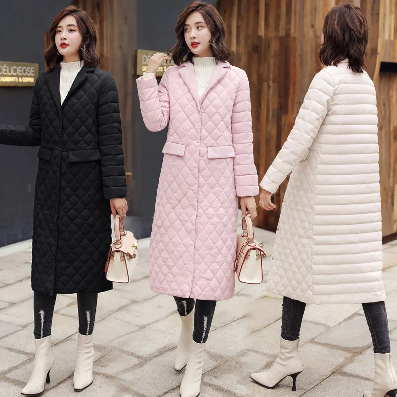 Winter New Style Hoodless down Jacket Women Slim Slimming Elegant Rhombus Plaid Mid-length White Duck down Coat