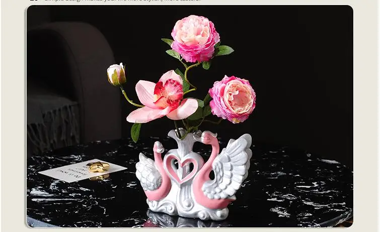 Modern Swan Ceramic Vase+Artificial Flower Ornaments Wedding Gifts Home Livingroom Desk Figurines Furnishing Crafts Decoration
