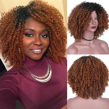 

SUe EXQUISITE Synthetic Wigs Brown Ombre Short Curly Synthetic Wigs for Black Women Heat-Resistant Natural Hairline Full Wigs