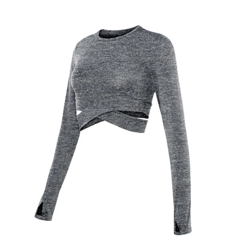 Women Long Sleeve Running Shirts Solid Sports Shirts Sexy Exposed Navel Yoga T-shirts Quick Dry Fitness Gym Crop Tops Sport Wear