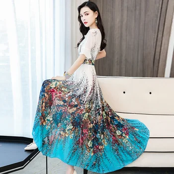 

2020 Spring Summer Boho Vacation Chiffon Maxi Dresses Plus Size Print Vintage Runway Dress Elegant Women Bodycon Party Vestidos