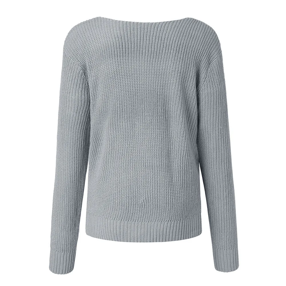 Pull femme hiver свитера с длинным рукавом сплошной цвет v-образный вырез сексуальный крест завязанный панель свитер для женщин размера плюс roupa feminina