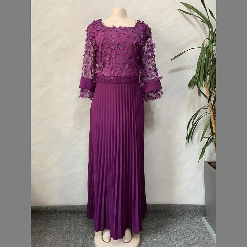 Tilapia Новое Плиссированное Элегантное Длинное Платье макси с рукавом до локтя кружевное однотонное платье с аппликацией vestidos - Цвет: purple