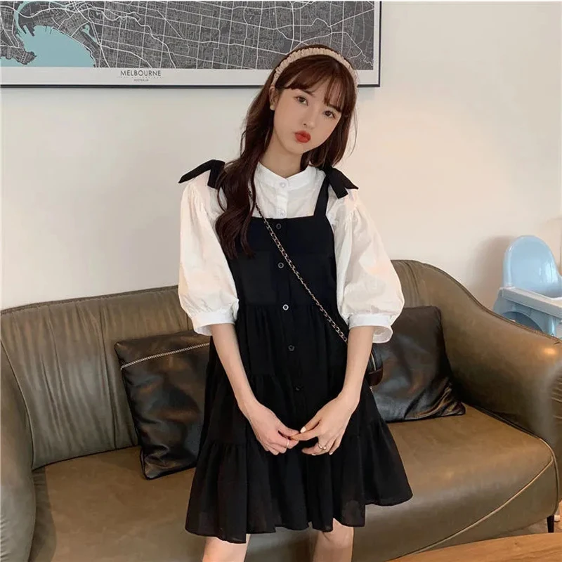 Women Sets Puff Half Sleeve Shirt Single Breasted Pleated Dress Set Solid Simple 2pcs Set 2021 Summer/Autumn Korean Kawaii Loose japanese student jk uniform 2pcs skirt set summer 2021 new short sleeve tshirt with tie mini split pleated skirt set hot girls