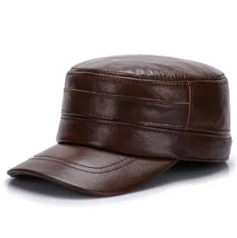 SHALUOTAOTAO осенне-зимняя шапка из натуральной кожи для мужчин, модные теплые шапки в стиле милитари из воловьей кожи, элегантная индивидуальная Кепка на плоской подошве для отдыха - Цвет: Brown