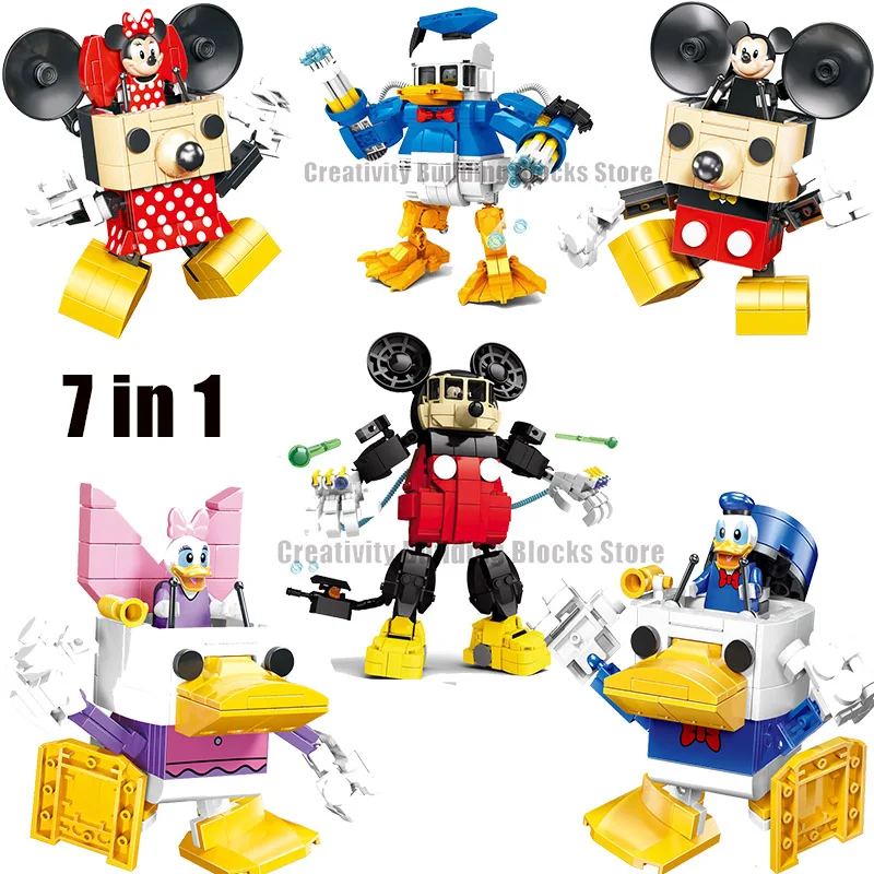 

New 6-in-1 Disney Classic Movie Cartoon Character Mickey Minnie Duck Mecha Model Building Block Set Children's Toys Children's