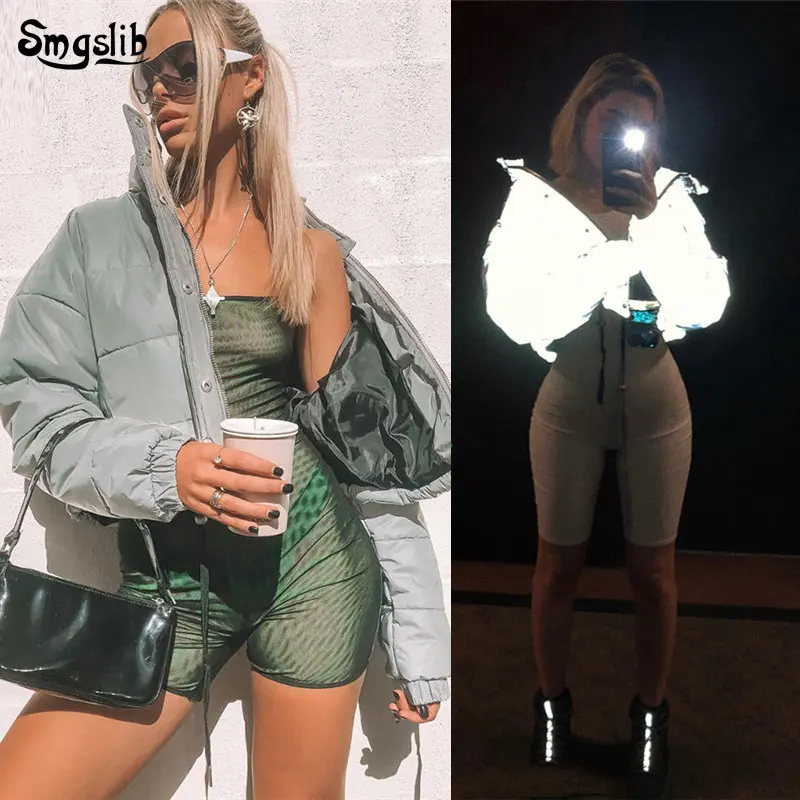 New 2019 Winter Fashion Reflective Short Warm Women Coat Jackets Short Jacket top Gray Color New Ladies