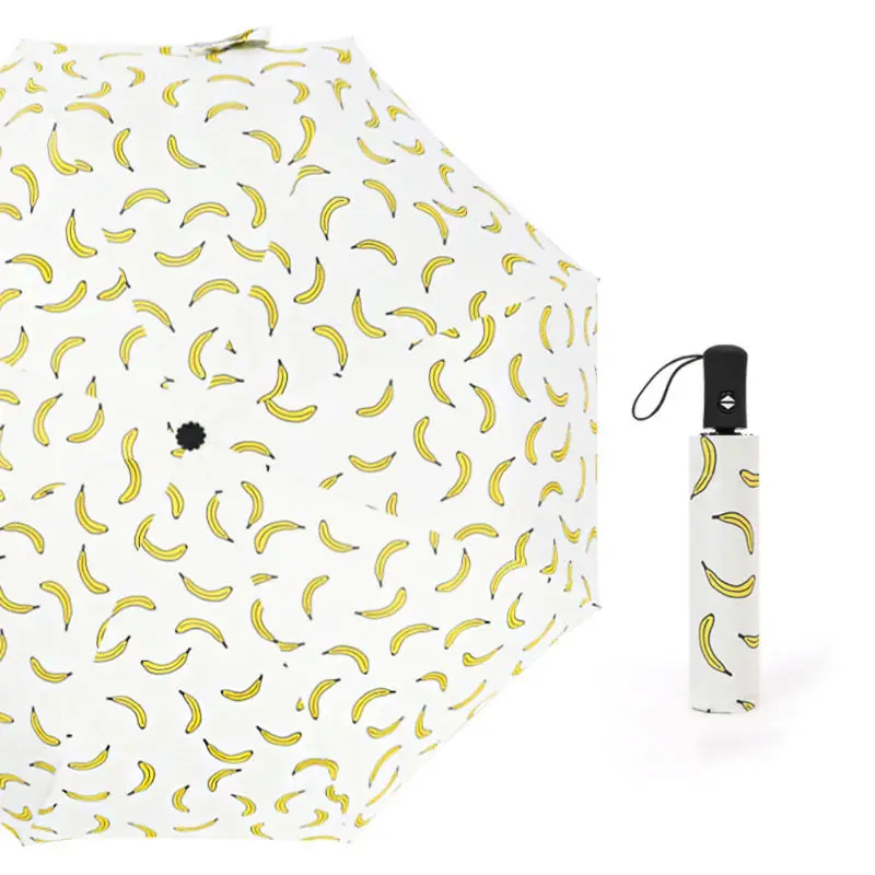 190T Pongee Fabric Funny Fruit Printed Three-folding Automatic Umbrella 8 Ribs Sunny and Rainy Umbrella for Unisex Fashion - Цвет: Automatic banana