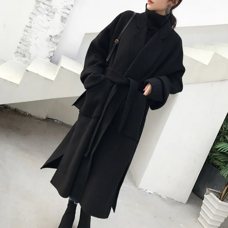 Elegant Loose Long wool Coat Winter Coat Women Belted Solid Coat Fashion Ladies Jacket High Quality Korean Female Black Coat - Цвет: Черный