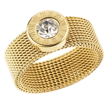 Anello color oro in acciaio inossidabile Anello da dito grande rotondo in maglia di cristallo Anelli con numeri romani per gioielli di moda da donna