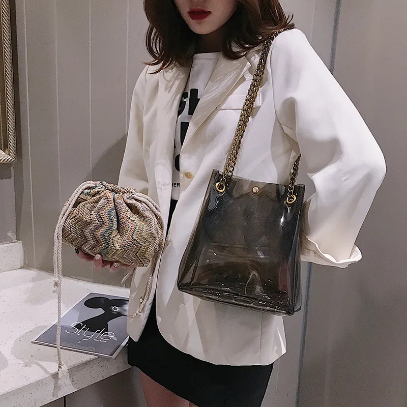 

Jelly Transparent Bag Women's 2019 New Style Fashion Korean-style Versatile Crossbody/shoulder Bag Weaving Chain-Style Bucket Ba