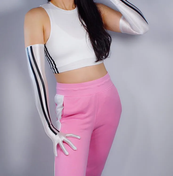white stripe Женские сексуальные эластичные длинные перчатки в полоску, женские весенне-летние солнцезащитные Вечерние перчатки для клуба и танцев, перчатки для вождения R2348 - Цвет: white stripe
