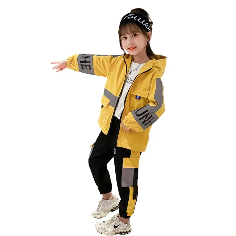 

3-12 years old girls clothes two-piece suit color contrast hooded jacket + pants in Older Kids fashion quality children clothing