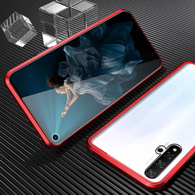 Магнитный адсорбционный чехол для телефона huawei Honor 20 Pro, закаленное стекло, передняя и задняя стеклянная крышка, металлический чехол для huawei Honor 20i - Цвет: Красный