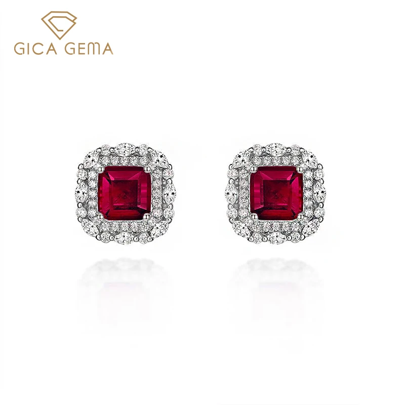 

GICA GEMA High Quality 925 Stelring Silver Stud Earrings 6*6mm Ruby Gemstone Earrings For Women Wedding Fine Jewelry Wholesale
