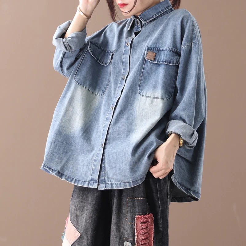 

Female new autumn and spring korean style plus size literary folds washed old white loose denim shirt