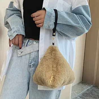 

Hot Sale Velvet Small Handbag Female 2020 Korean New Fashion Mobile Phone Bag Mini Zongzi Bag Plush Triangle Hand Bag for Girls