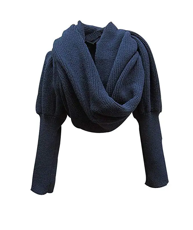 NAVY BLUE Модный зимний теплый однотонный вязаный Топ шарф крючком плотная шаль накидка с рукавом для женщин и мужчин шарф с Leeves - Цвет: NAVY BLUE