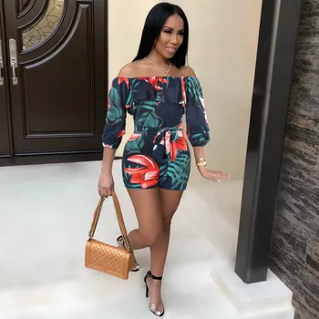 

Women Sexy Slash Neck Ruffles Bohemian Rompers 2019 One Piece Floral Print Jumpsuit Sashes Off Shoulder Short Beach Overalls