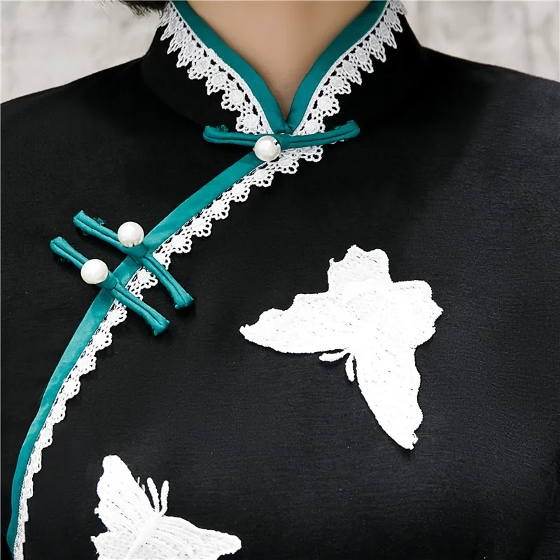 Черное женское мини-платье Cheongsam с цветочным S-3XL, модное короткое платье в китайском стиле, тонкое вечернее платье Qipao, весеннее женское платье