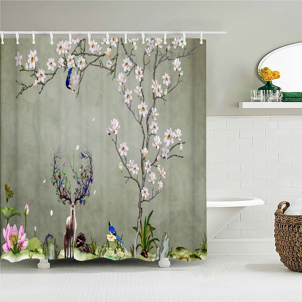 Chinese style Plants Flower Bird Fabric Shower Curtain Waterproof
