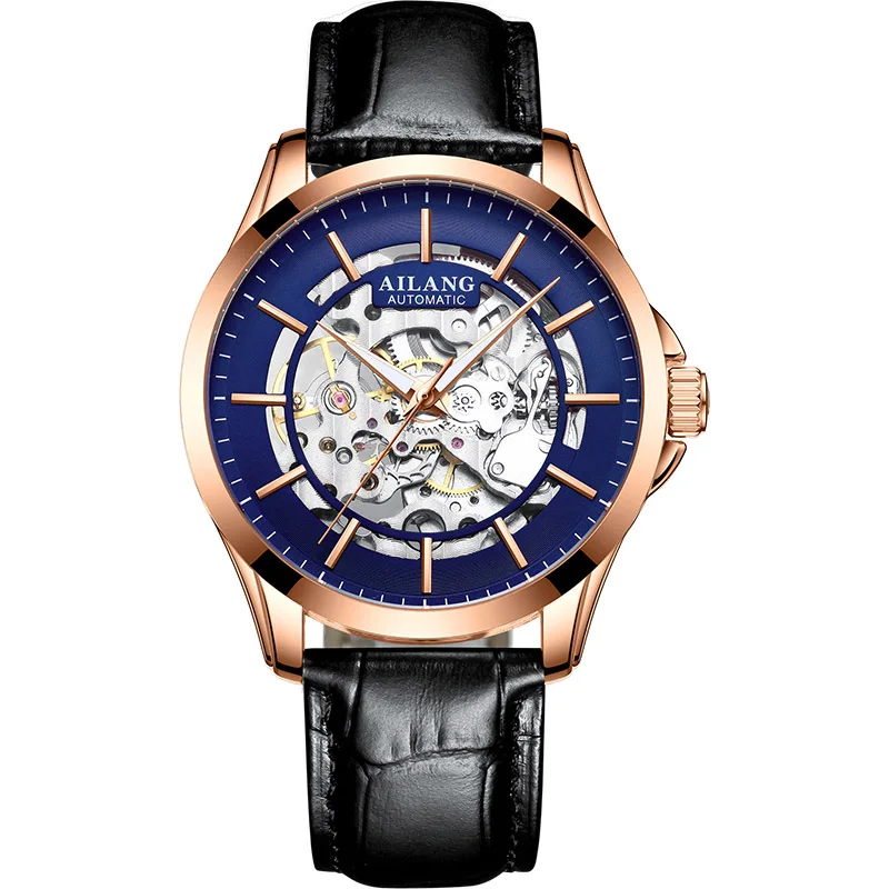 AILANG прозрачный корпус из розового золота роскошный Повседневный дизайн коричневые кожаные мужские часы лучший бренд роскошные механические часы со скелетом - Цвет: Blue Rose gold