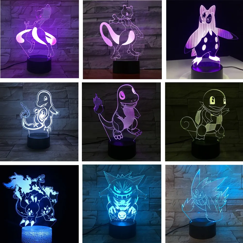 Pokemon Charizard Gengar Anime 3D Night Lights Charmander Mewtwo Prinplup Lighting Pocket Monster Cute LED Novelty Lamp Lampara