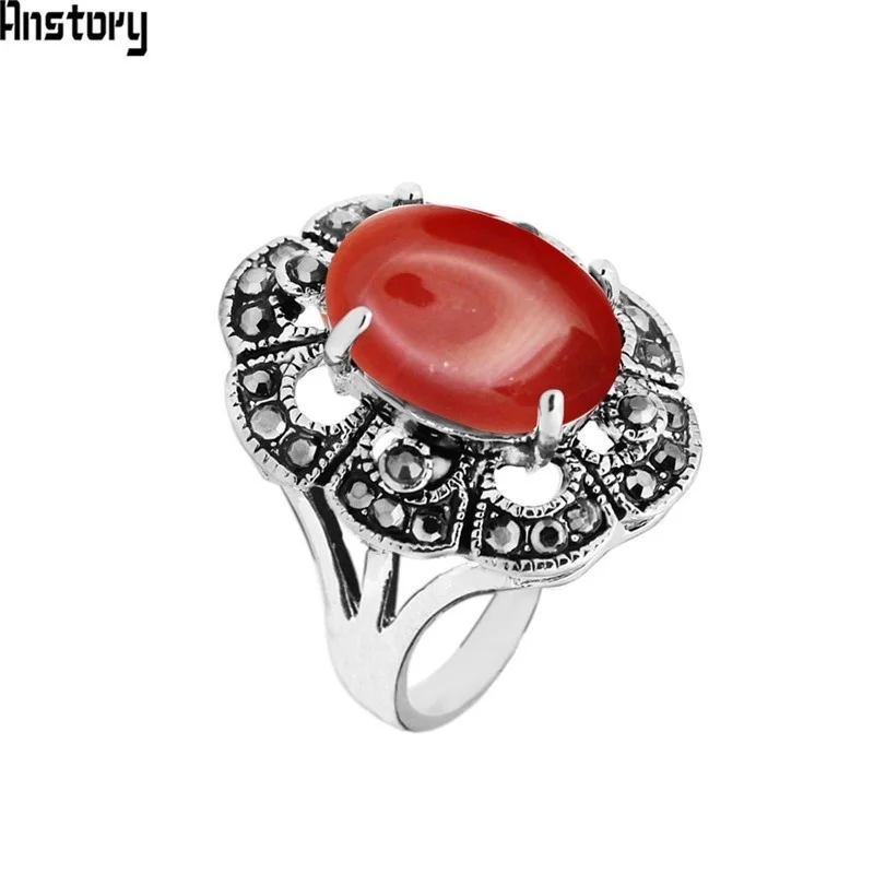 Oval Agates Rings For Women Antique Silver Plated Natural Stone Rhinestone Plum Flower Vintage Fashion Jewelry TR711 | Украшения и
