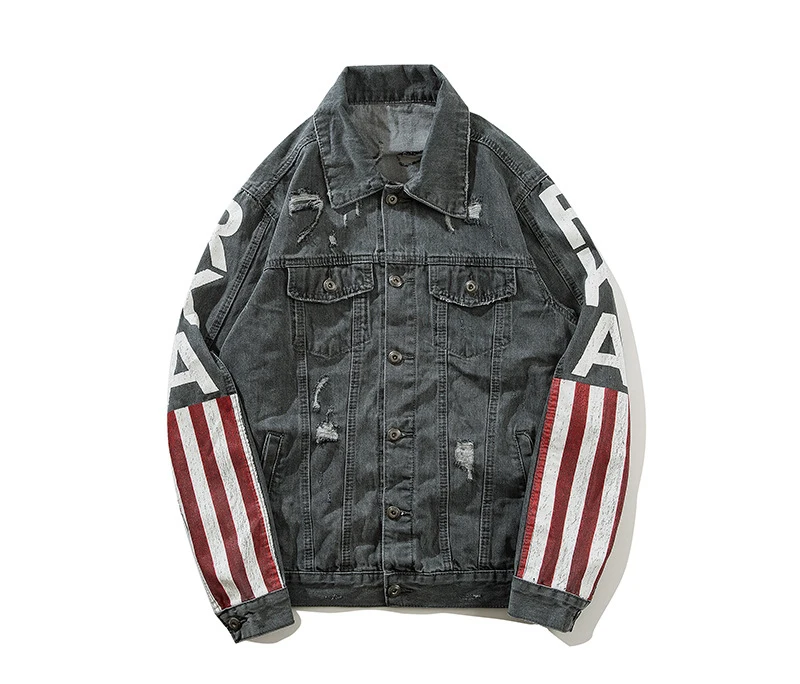 Sokotoo мужской американский флаж полоса Звезды джинсовая куртка Уличная С буквенным принтом джинсовое Пальто Свободные отверстия рваные верхняя одежда
