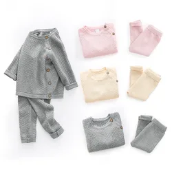 Ensemble de vêtements pour bébé garçon et fille, pull en tricot chaud deux pièces, pyjama pour enfant, haut + pantalon, couleur unie, collection automne et hiver 