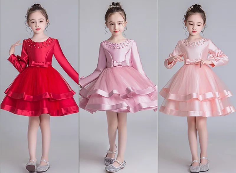 Зимнее теплое Пышное Сетчатое платье принцессы с длинными рукавами для девочек детские костюмы, одежда вечернее платье для девочек, DF-1206