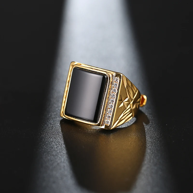 Noble Men Black Stone Ring Gold Color Male Resizeable Finger