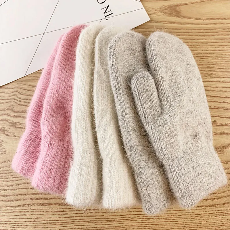

Cute Double Layer Rabbit Fur Knitted Gloves Female Autumn Winter Solid Color Student Couple Full Finger Warm Plus Velvet Gloves