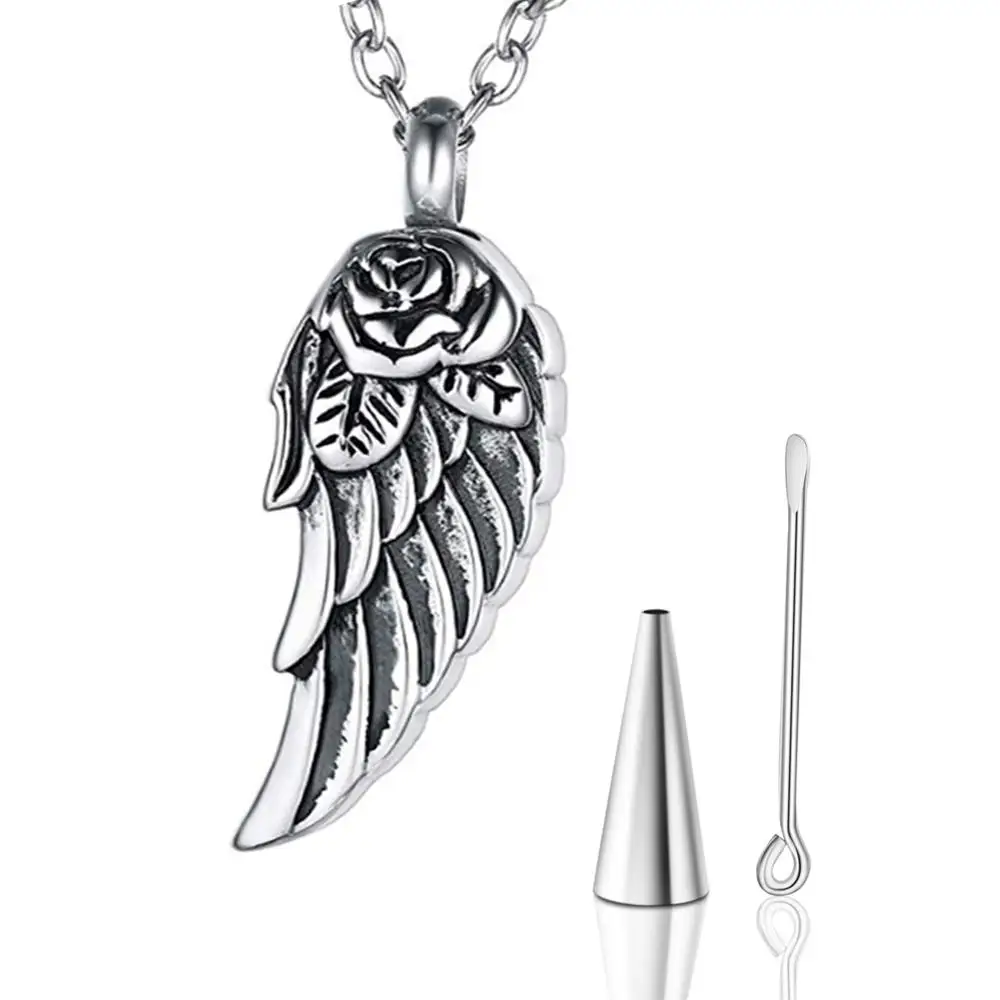 StainlessSteelRoseAngelWingsUrnNecklacesforAshesCremationJewelryKeepsakeMemorial