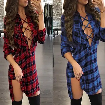 

Women Sexy Plaid Strap Hollow V-neck Dresses Female Night Club Party Dress Vestido