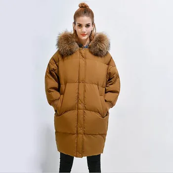 

Duck Women's Jackets White Down Jacket Korean Long Coat Women Big Racoon Fur Hood Loose Puffer Coats Female Parka KJ942