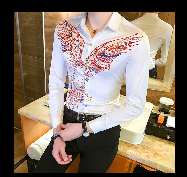 Роскошные Золотые рубашки с принтом Camisa MasculinaRopa De Hombre повседневные мужские рубашки Клубные рубашки дизайн Camisa Social Slim Fit