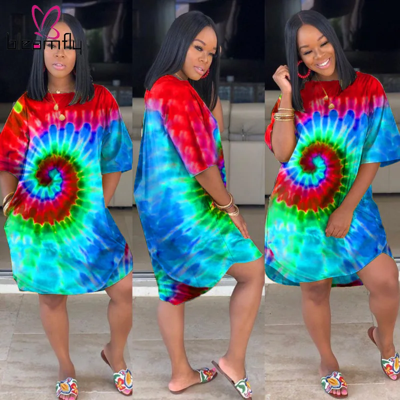 Платье с принтом "Tie Dye" размера плюс, женская одежда, модное платье с карманами, Повседневная Свободная футболка, платья, уличная одежда