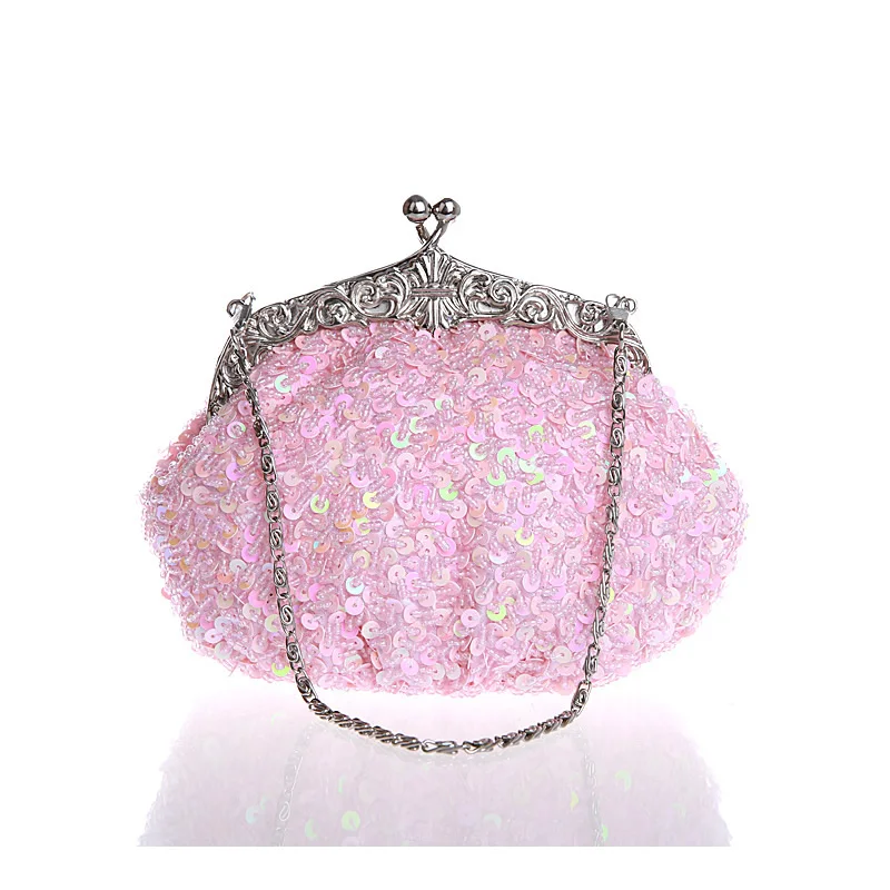 light pink Твердый полиэстеровый клатч, модная роскошная сумка для банкета, роскошный маленький мешочек с маленькими стеклянными бусинами, Свадебная вечерняя сумка на плечо - Цвет: light pink