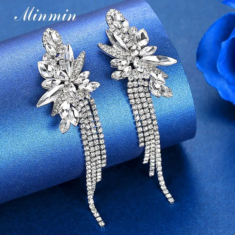 Silver Minmin эффектный кристалл, Длинная кисточка, висячие серьги для женщин, уникальный цветок, свисающие свадебные серьги, модное ювелирное изделие MEH1624 - Окраска металла: Silver