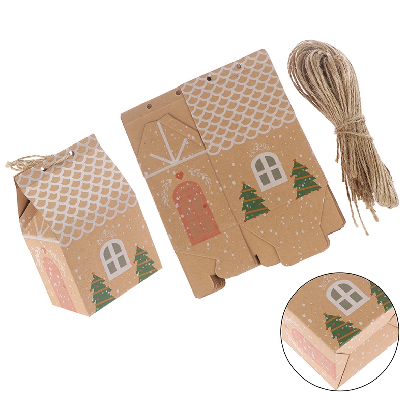 50pcs House Shape Christmas Candy Gift Bags With Ropes Xmas Tree Cookie Bags Merry Christmas Guests Packaging Boxes Party Decor