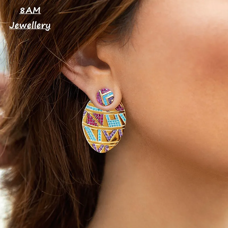 

Moroccan Style Silver single colorful stripe tribal Pendant Earrings female crescent arc design exquisite Earrings