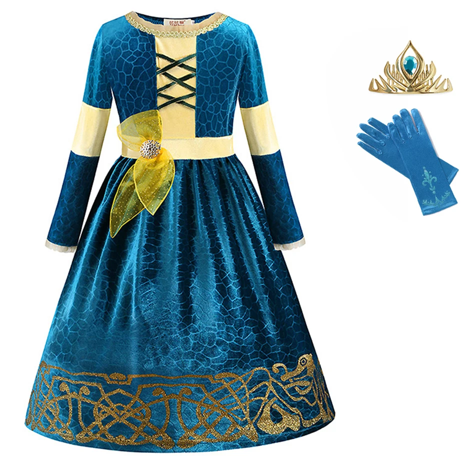 Dress Set 02 Для девочек, смелая Принцесса Мерида, платье, костюмы, дети, длинный рукав, зима, косплей, праздничная одежда, костюм Мериды, парик, нарядное платье - Цвет: Dress Set 02