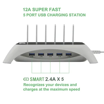

12A 60W Super Fast Charge 5 Ports 2.4A USB Phone Charger Station Dock Stand Holder For All Phones Tables US EU UK AU Plug