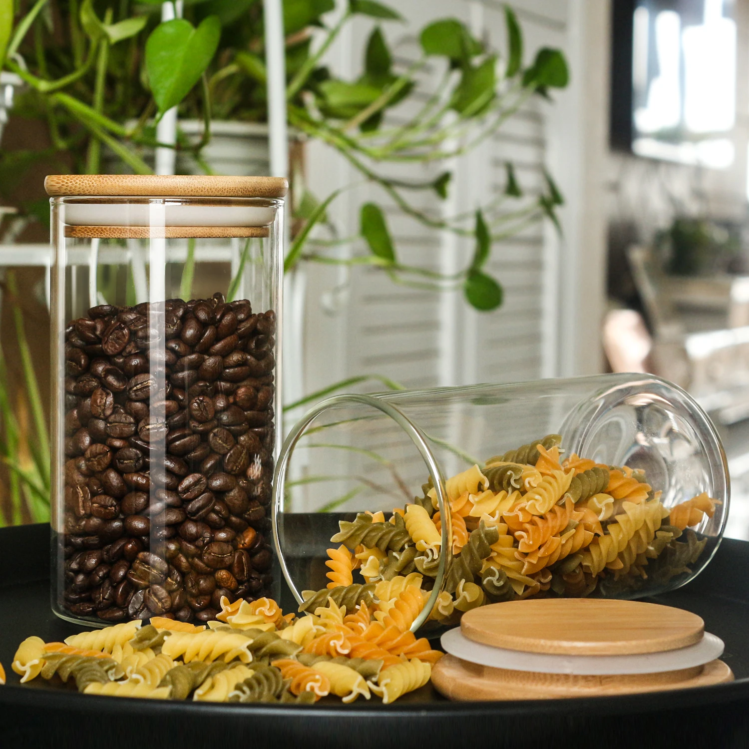 Набор из 2 стеклянных банок для хранения с герметичным уплотнением крышки из бамбука 25 унций банок для кофейных зерен специй Чай конфеты кухонные банки для хранения продуктов
