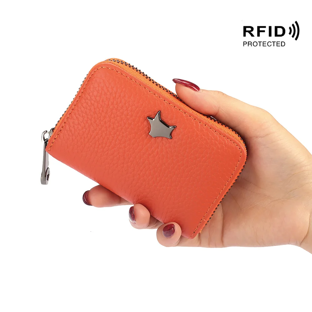 Оранжевый Держатель для Карт Rfid, защита от сканирования, Женский кошелек на молнии, натуральная кожа, чехол для карточек, чехол для визиток, новинка - Цвет: Оранжевый