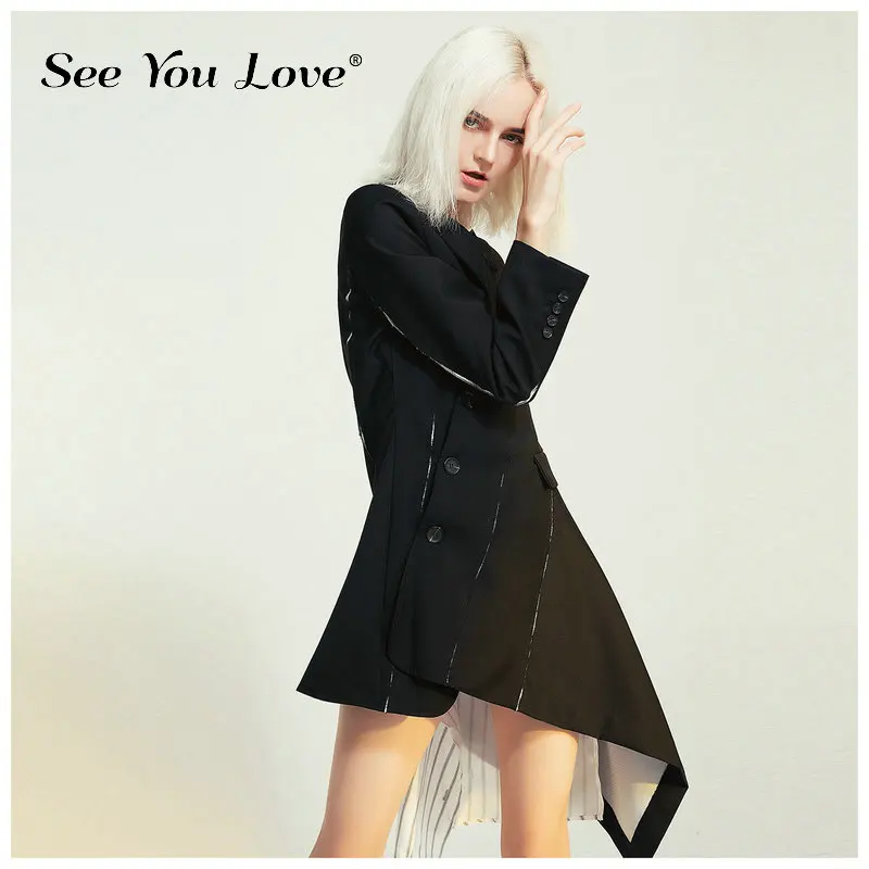 

See you love Spring Autumn 2019 New Women Dress Striped Spliced Irregular Mini Dresses V Neck Long Sleeve Loose Fit Vestidos
