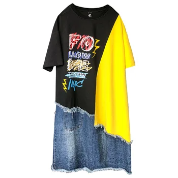 

Mid-sleeved t-shirt women's loose 2019 summer tide brand women's personality printed color matching mid-length t-shirt skirt