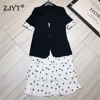 

Elegant Office Lady Summer Dress Women 2020 New Fashion Short Sleeve Blazer Suit Floral Print Ruffle Layered Strap Dress 2pcs