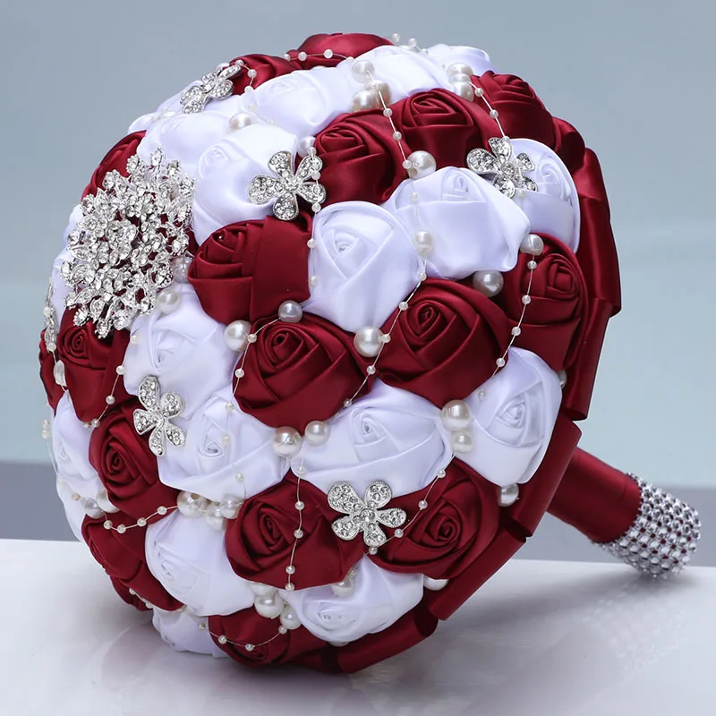 Handmade Ribbon Wedding Rose Flowers Rhinestone Bridal Bouquets Pearl Bridal Holding Bouquet Fleur Artificielle Mariage W224D wedding bouquets